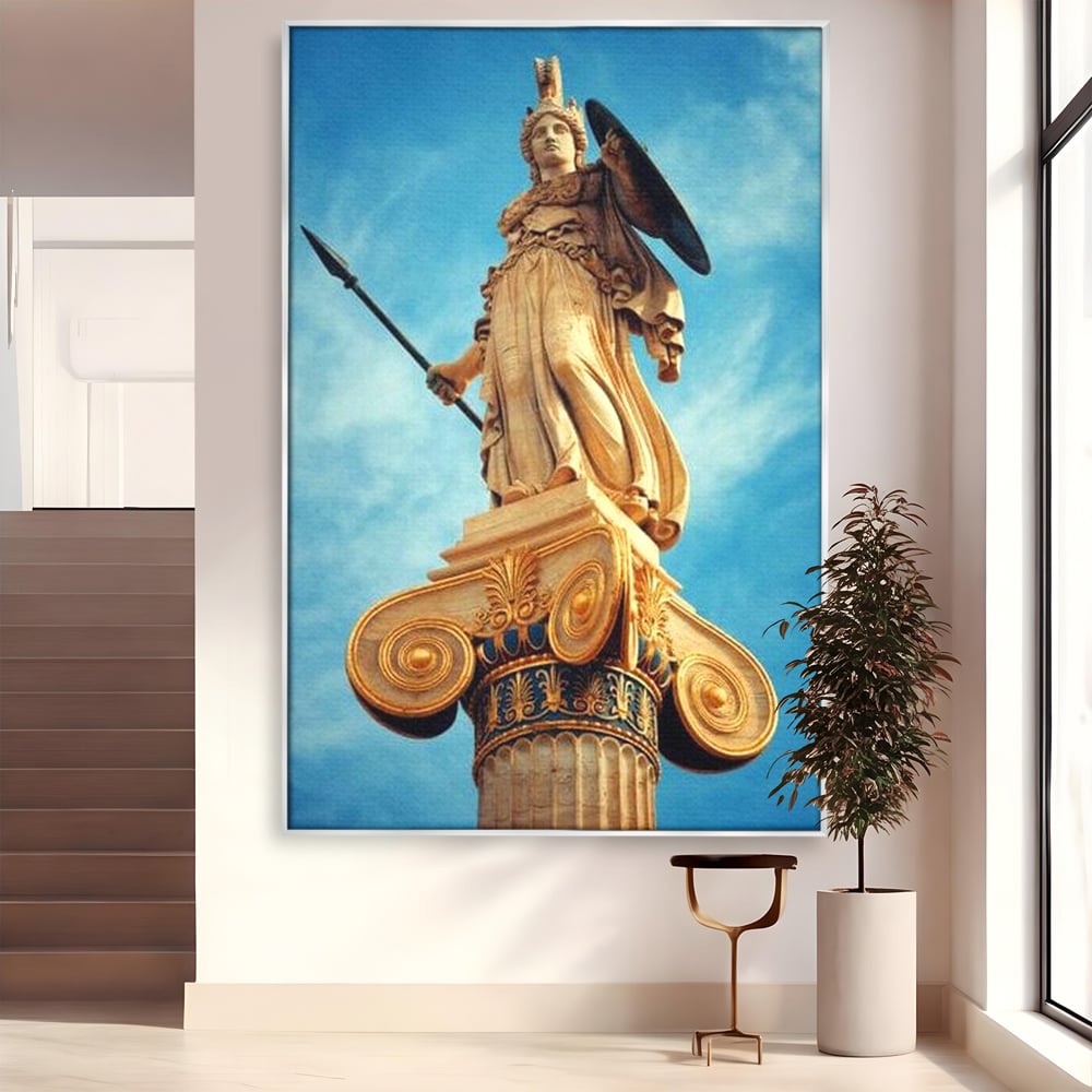 Tablou canvas cu tablou canvas cu statuia atenei, in rama de aluminiu argintiu